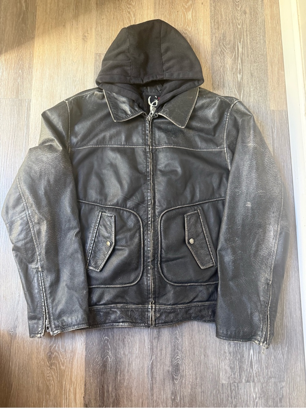 Vintage Y2K Guess Black Leather Moto Bomber Jacket with Hood XXL